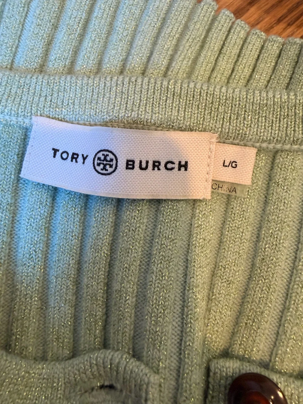Tory Burch Metallic Lurex Striped Mint Green Ribbed Button-Front Cardigan Large